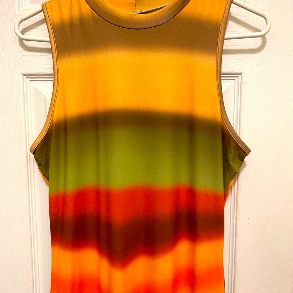 Sleeveless Maxi Dress NWOT Sz Large Stretchy Crew Neck Ombré Gold Green Orange